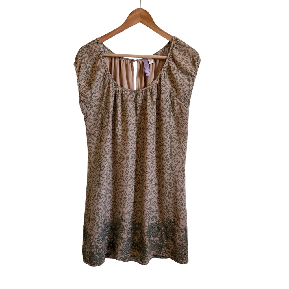 Alya Small Dress Tan Green Boho Medallion Print Cap Sleeve Rayon‎ Blend